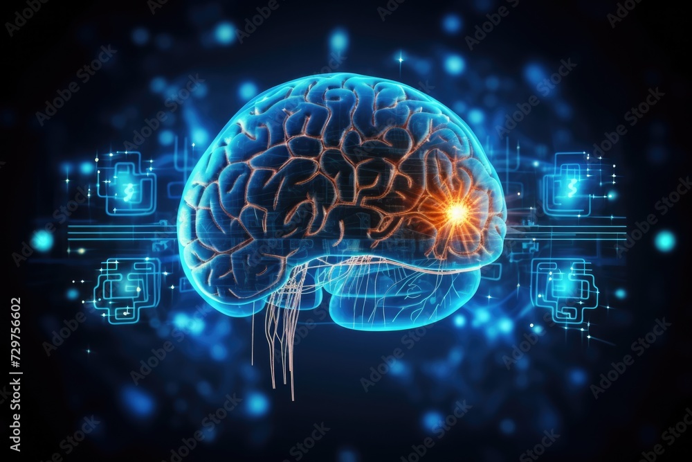Obraz premium Holographic human brain, 3D, technology, neon , Generative by Ai