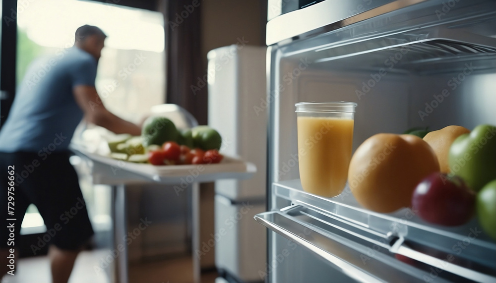 View of the refrigerator as a man takes out a pack View of the refrigerator as a man takes out a pack