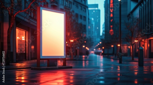 Mockup. Vertical advertising stand in the street. Blank white street billboard poster light box stand mock with urban city background