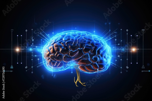 Holographic human brain, 3D, technology, neon , Generative by Ai
