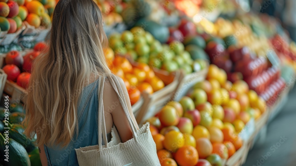 Woman buying fruits and vegetables at local farmers market. Vegetables and fruit in reusable bag on a farmers market, zero waste concept