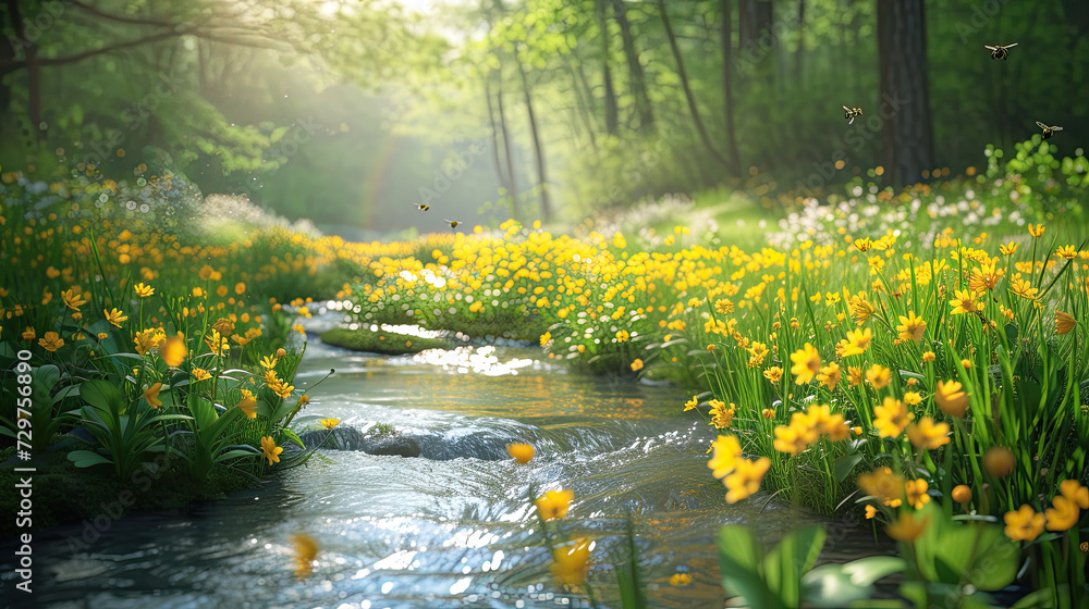 Fototapeta premium A serene stream meanders through a vibrant meadow of wild yellow flowers, dappled with sunlight filtering through trees. 
