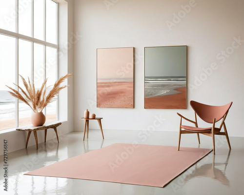 Serene Coastal Minimalism - Professional close-up of a minimalistic art studio with organic materials and open space Gen AI photo