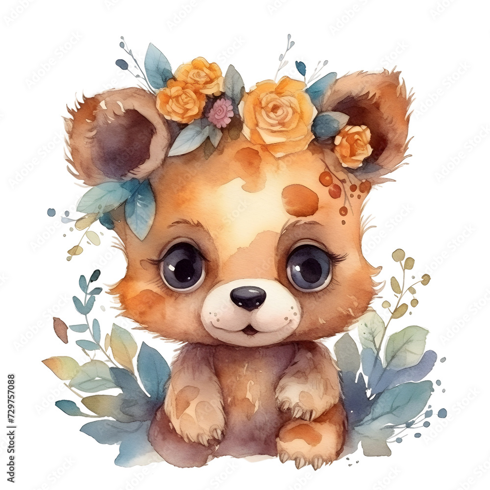 Cute cartoon watercolor bear with flowers on a transparent background Cute cartoon watercolor bear with flowers on a transparent background