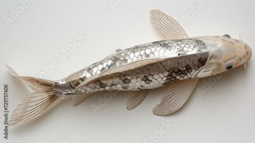 A sleek silver koi fish, its scales shimmering bright