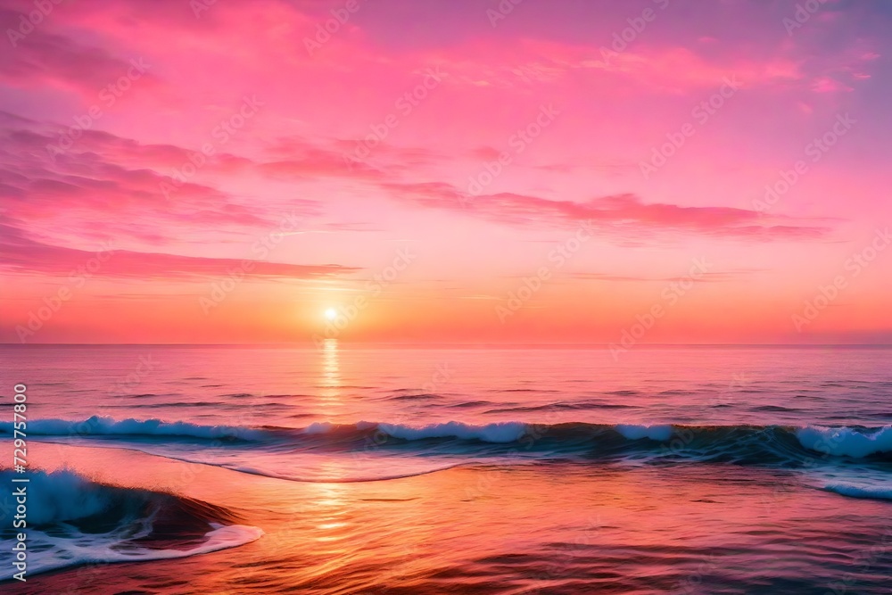  Embracing the Serene Embrace of Vast Ocean Waters, Cascading Layers Stretching Endlessly Towards the Horizon, Caressed by the Gentle Glow of Sunset's Warmth. Sunlight Illuminates the Rippling Waves, 