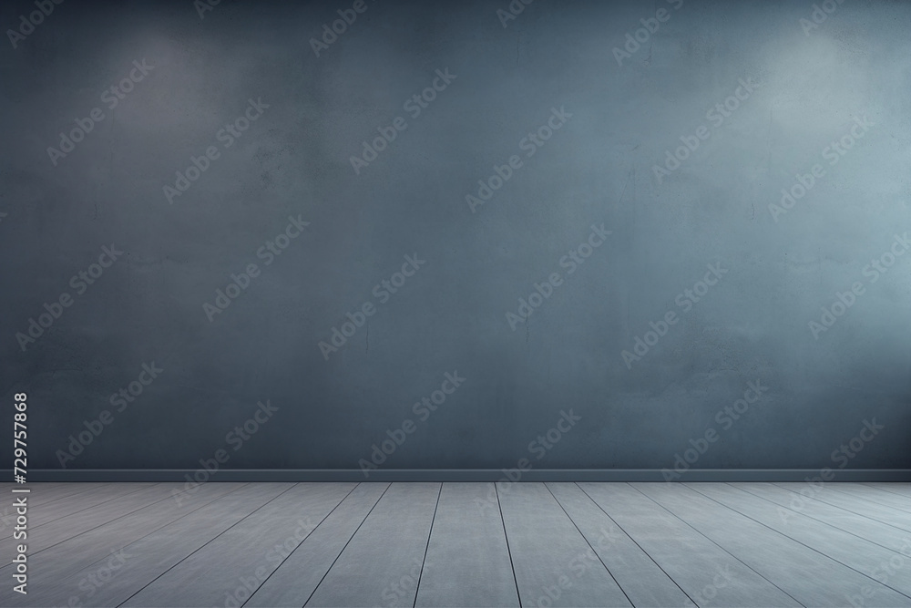 An empty slate blue-grey wall background with a wooden floor. (Generative AI) An empty slate blue-grey wall background with a wooden floor. (Generative AI)