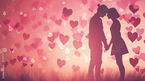 Cute and unique Valentine's Day background,lovers couple,pink background,with heart shape.Lovers hugging