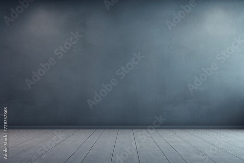 An empty slate blue-grey wall background with a wooden floor.  Generative AI 