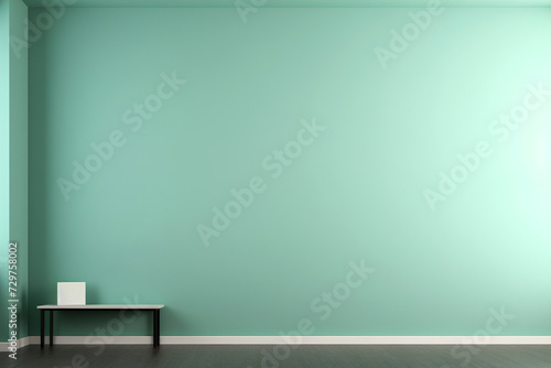 An empty  clean mint green wall background with a small table on the side.  Generative AI 