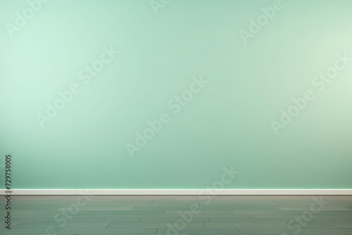 An empty, clean mint green wall background with a wooden floor. (Generative AI)