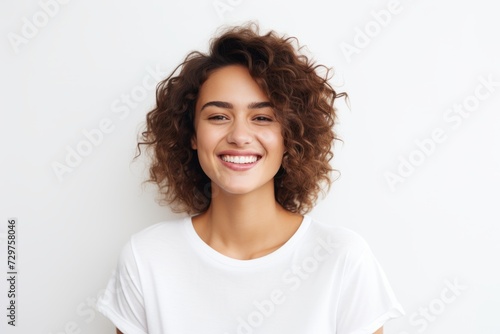Portrait of a smiling young woman with curly hair, isolated on white background