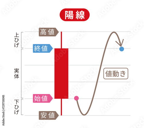 ローソク足の解説、解説図、詳細、陰線のベクターイラスト