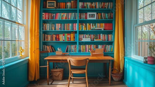 A child's room featuring a small wooden desk and chair with a bookshelf full of colorful books.