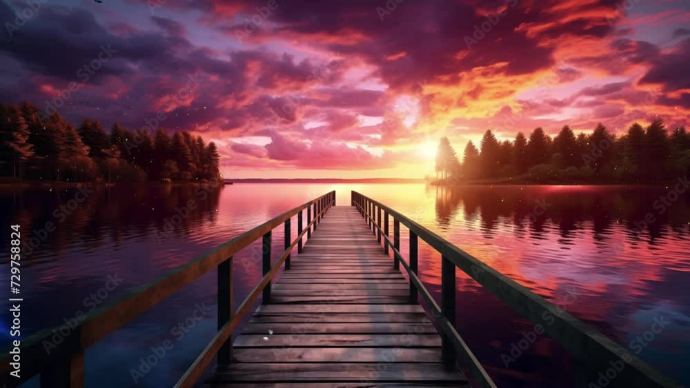 lake at sunset. long wooden pier.  beautiful sunset sky in a lake. seamless looping overlay 4k virtual video animation background 