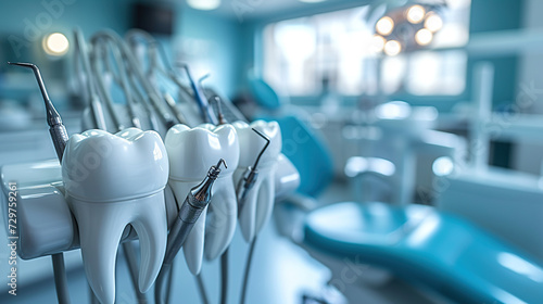 Dentist room sign Different dental tools and blue tools