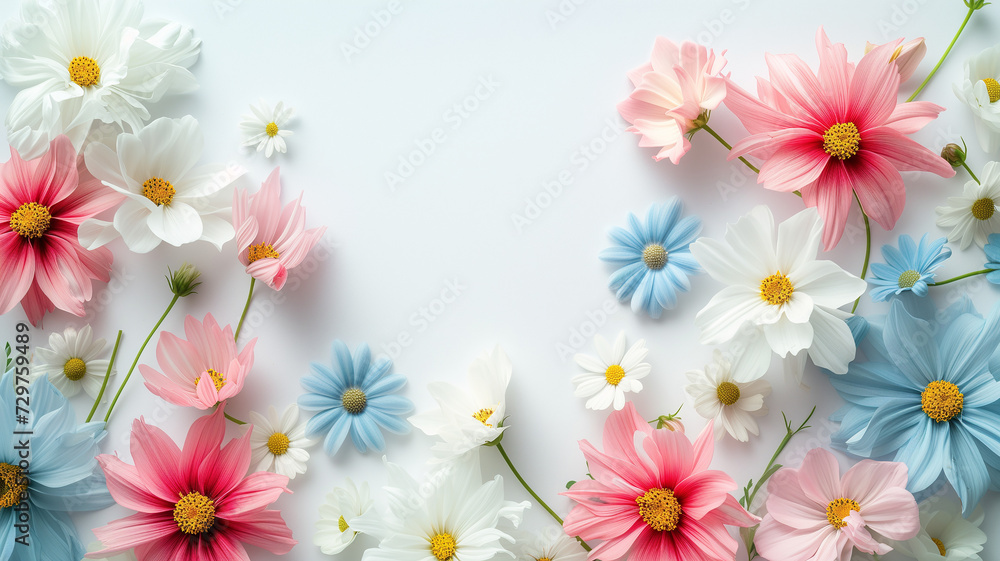 pink, white, blue and clear yellow flowers on a white background pink, white, blue and clear yellow flowers on a white background