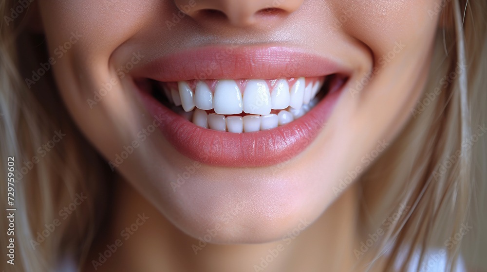 Obraz premium A wide, beautiful smile of a bright young woman with healthy, white teeth.