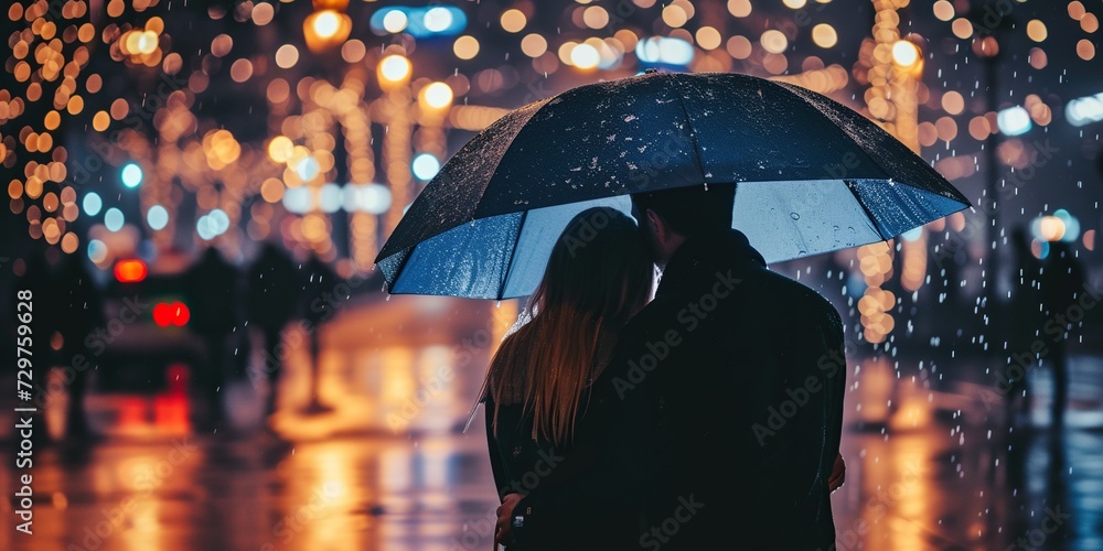Couple under the umbrella in the rainy city