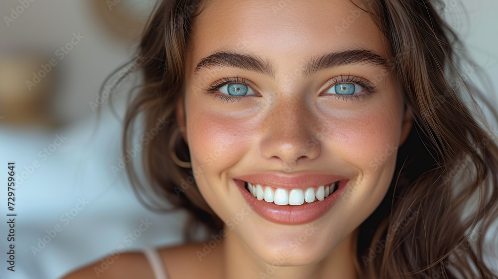 Naklejka premium A wide, beautiful smile of a bright young woman with healthy, white teeth.