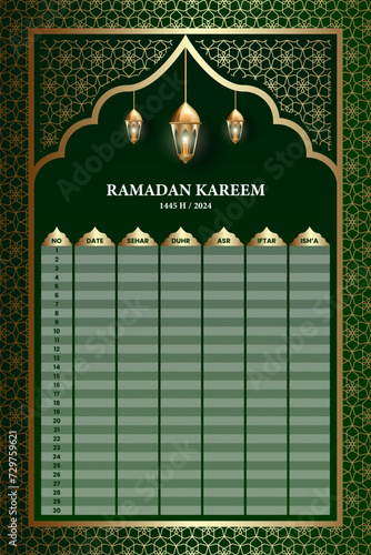 Ramadan holy month calendar schedule. Posters or banners for prayer, fasting and breaking the fast.