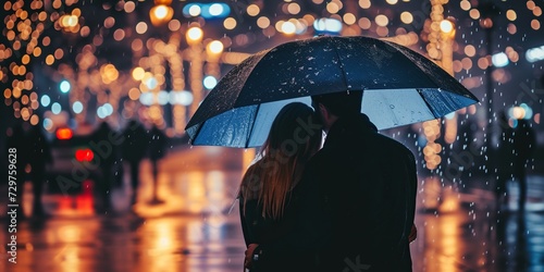 Couple under the umbrella in the rainy city