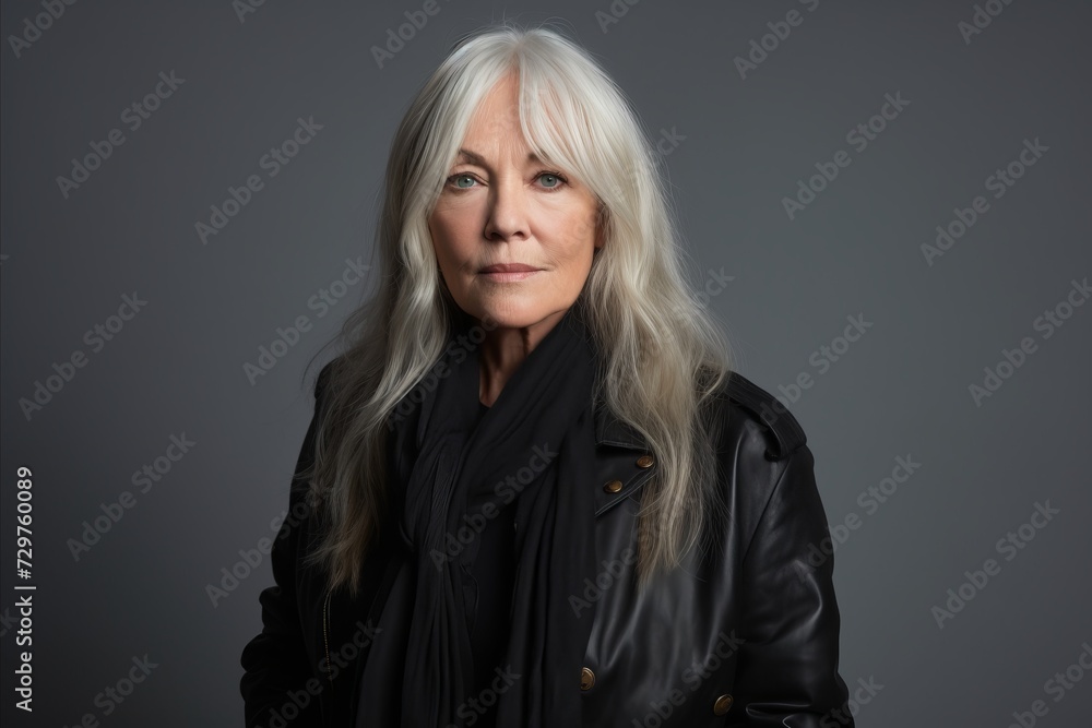 Portrait of a beautiful senior woman in a leather jacket on a gray background Portrait of a beautiful senior woman in a leather jacket on a gray background