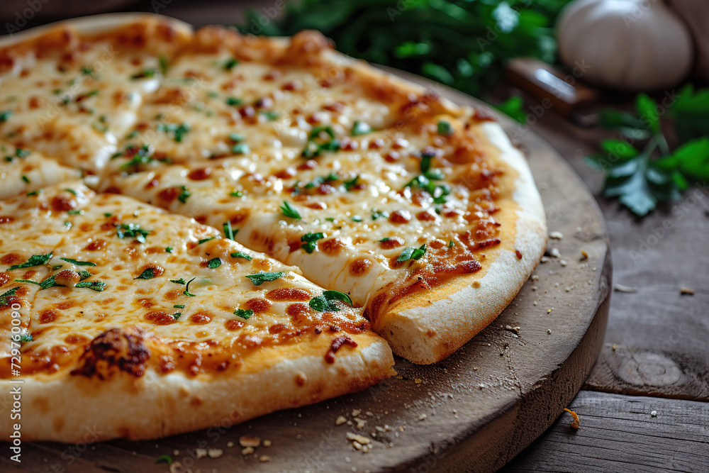 A cheese pizza sprinkled with finely chopped green herbs, resting on a wooden pizza peel. 