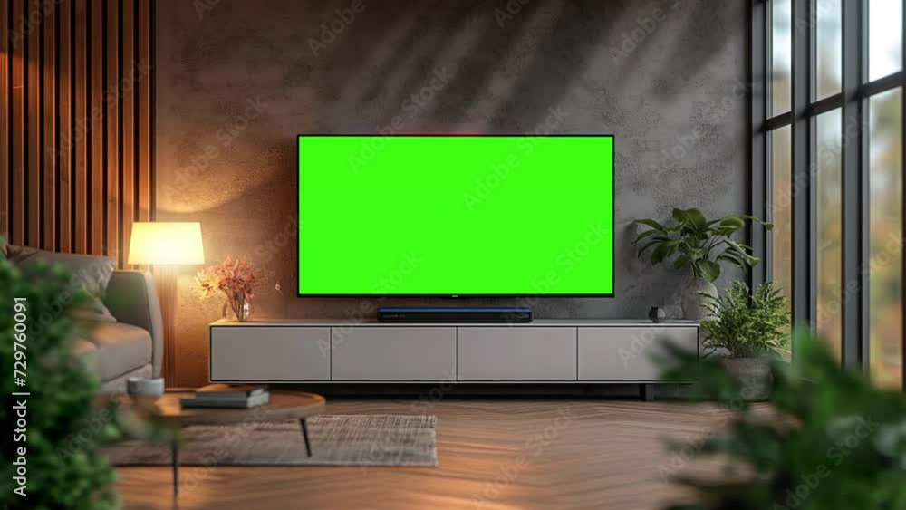 Vidéo Stock Zoom out and in of television with green screen close up. Chroma key on tv set in