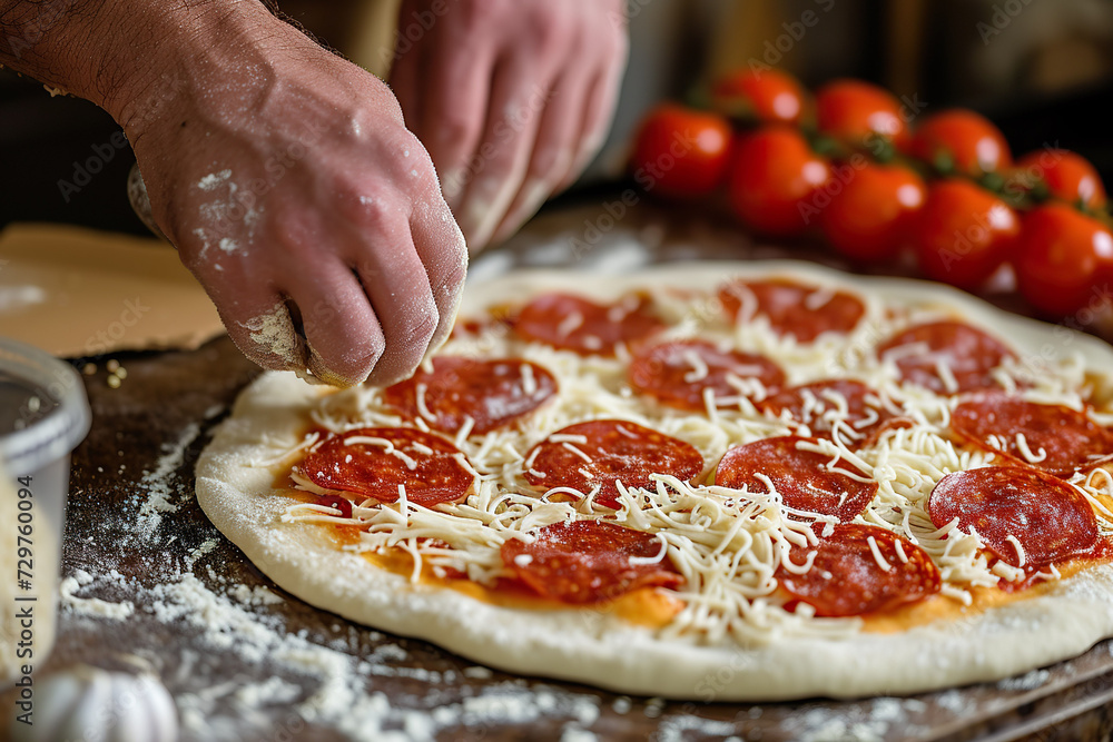 An artisanal pepperoni pizza being handcrafted by a seasoned chef, focusing on the craftsmanship and ingredients. 