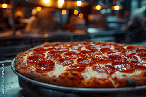A tray of pepperoni pizza with a blurred restaurant kitchen background. 