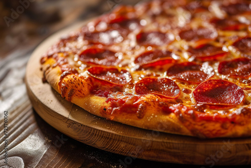 Close-up of a freshly baked pepperoni pizza with red pepperoni slices, melted cheese, and golden-brown crust. 
