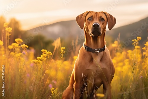 Rhodesian ridgeback dog sitting in meadow field surrounded by vibrant wildflowers and grass on sunny day ai generated