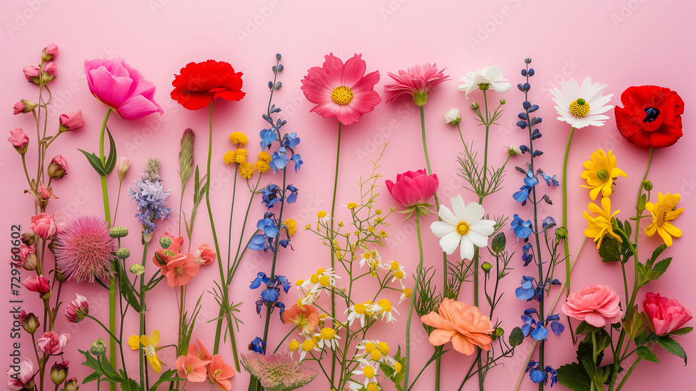 pink, white, blue and clear yellow flowers on a pink background