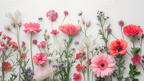 pink, white, blue and clear yellow flowers on a white background