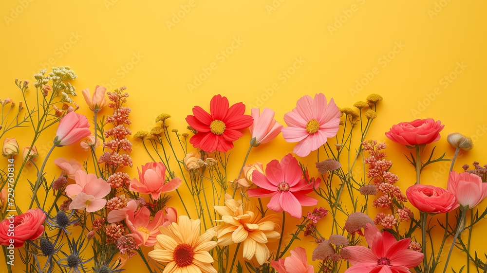Obraz premium pink, white, blue and clear yellow flowers on a yellow background