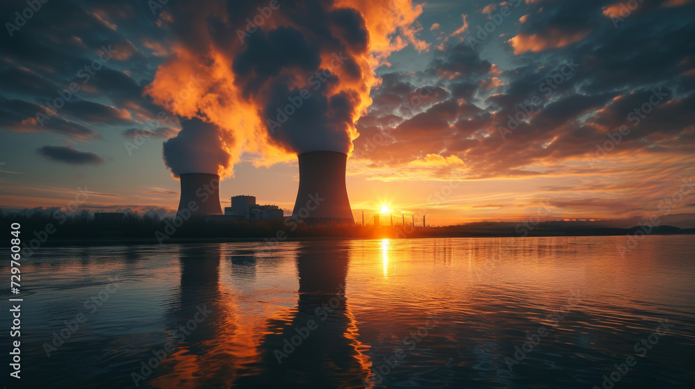 A large nuclear power plant station Nuclear and cooling towers with a landscape.high-voltage tower at sunset