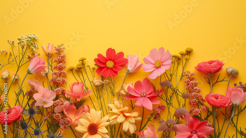 pink  white  blue and clear yellow flowers on a yellow background