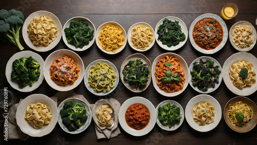 An overhead shot of a wooden table adorned with an array of colorful plates, each filled with a different variety of homemade pasta from tagliatelle