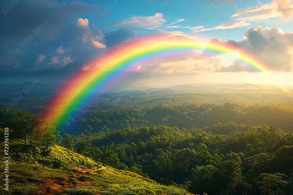 Obraz premium Mountain with colorful rainbow in cloudy sky over field. Nature landscape after storm. Spring morning. St Patrick Day holiday symbol. Background for design card, invitation, banner, poster