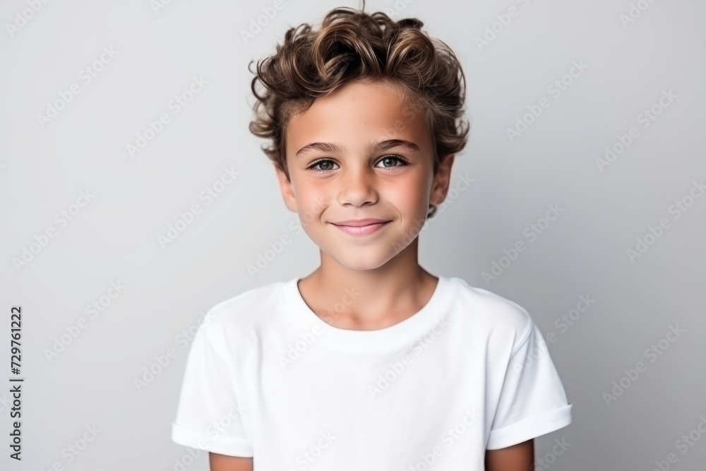 Portrait of a cute little boy with curly hair on grey background Portrait of a cute little boy with curly hair on grey background