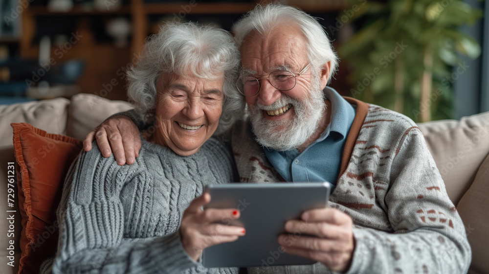 Two seniors smile and look at the same tablet in their home building. Retired Caucasian man and woman using technology Two seniors smile and look at the same tablet in their home building. Retired Caucasian man and woman using technology