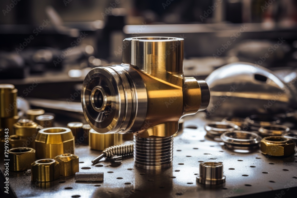 Close-up shot of a shiny brass nozzle, an essential industrial component, surrounded by various mechanical parts in a well-lit workshop environment