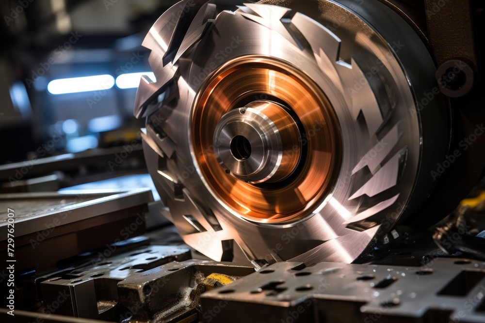 Fototapeta premium A close-up view of a robust, industrial mixing blade, gleaming under the factory lights, ready to blend materials in a large-scale production setting