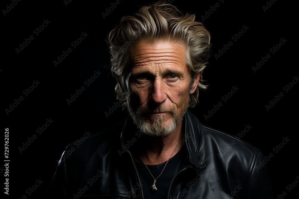 Portrait of a handsome senior man in a leather jacket on a black background. Portrait of a handsome senior man in a leather jacket on a black background.
