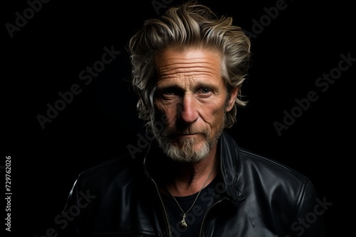 Portrait of a handsome senior man in a leather jacket on a black background.