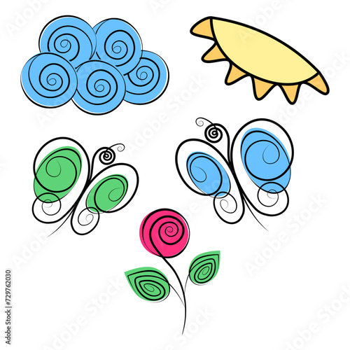 Spiral cloud, sun, butterflies and blossom rose in marker colors. Ser of 5 stylized design elements