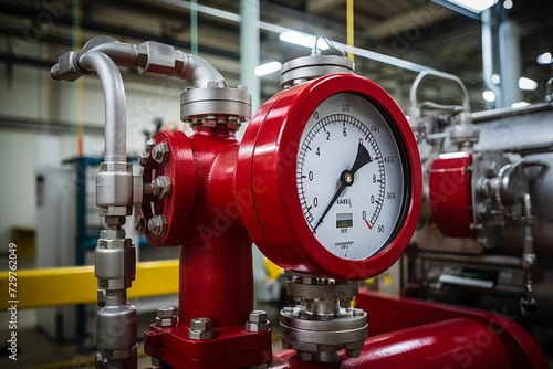 A Close-Up Shot of a Modern Industrial Flowmeter, Installed in a Large Manufacturing Plant, Surrounded by Pipes and Gauges