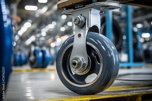 A close-up view of a heavy-duty industrial caster wheel, set against the backdrop of a bustling factory floor filled with machinery and workers