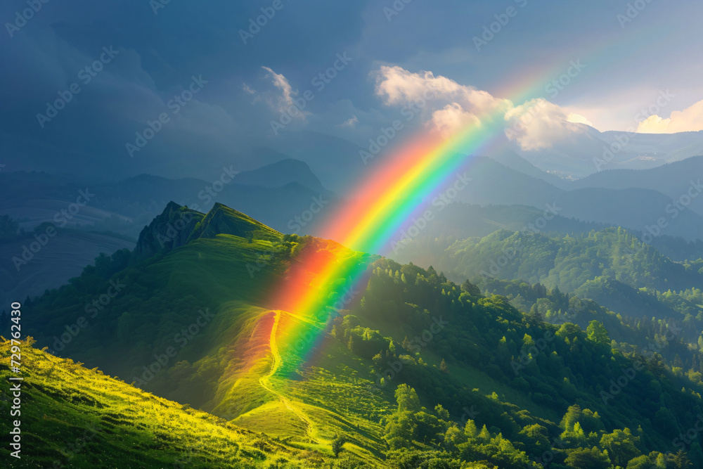 Mountain with colorful rainbow in cloudy sky over field. Nature landscape after storm. Spring morning. St Patrick Day holiday symbol. Background for design card, invitation, banner, poster Mountain with colorful rainbow in cloudy sky over field. Nature landscape after storm. Spring morning. St Patrick Day holiday symbol. Background for design card, invitation, banner, poster